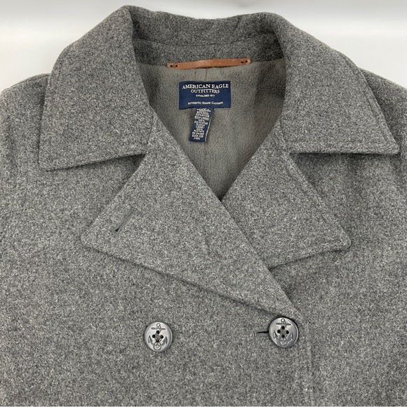 American Eagle Wool Blend Pea Coat Grey Double Breasted Pockets Collared VGUC M - Picture 5 of 14